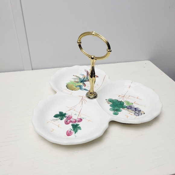 Vintage Japan Divided 3 Section Serving Dish Porcelain Hand Painted Fruit Brass - Picture 3 of 12